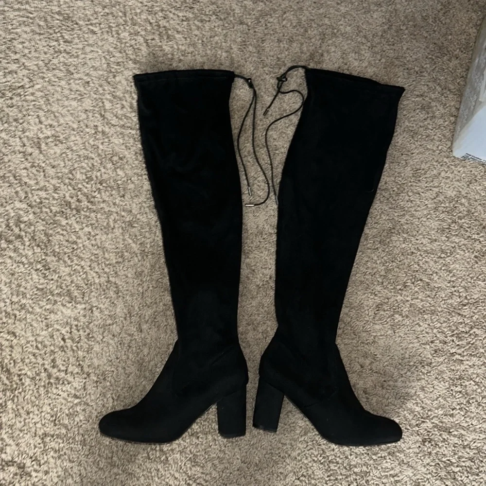 Nature Breeze Black Suede Drawstring Over‎ The Knee Boots Thick Heel boots